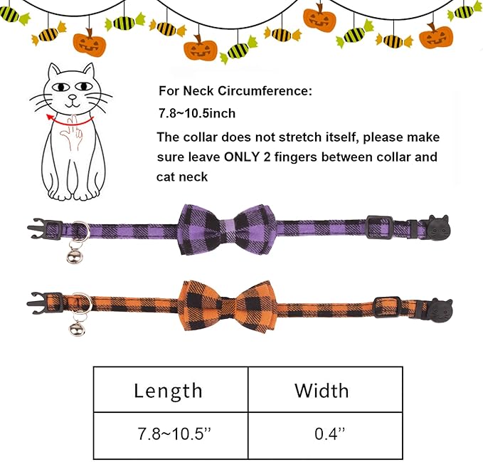 ADOGGYGO Halloween Cat Collars Breakaway with Removable Bowtie Bell, 2 Pack Orange Purple Plaid Halloween Bow Collar for Cats Kittens