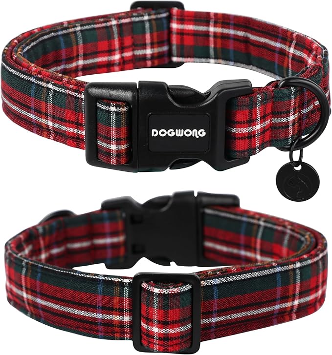 DOGWONG Christmas Cotton Dog Collar, Heavy-Duty Red Plaid Dog Collar Durable Soft Fabric Pet Dog Collars Cute Christmas Checked Puppy Necklace for Medium Large Dogs
