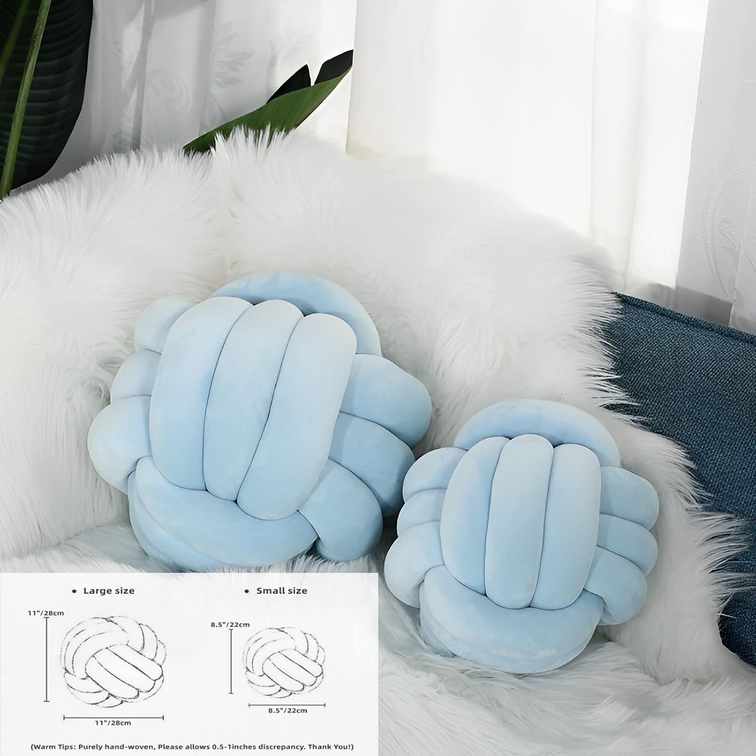 Knot Ball Pillows, Round Throw Pillow Cushion Home Decoration Soft Plush Pillow, Throw Knotted Ball Pillow Handmade Children Room Decoration Round Plush Toy Pillow (Light Blue,11"/28cm)