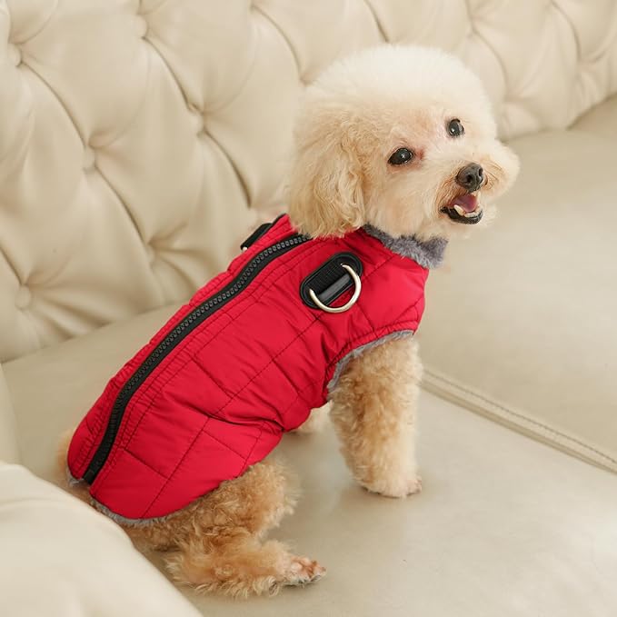 Warm Fleece Dog Coats with Durable Harness Buitl in D-Ring,Waterproof Puppy Jacket for Small Dogs,Dog Vest for Cold Winter,Red S