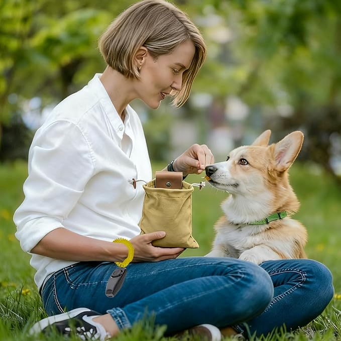Dog Treat Pouch with Anti Barking Device, Training Clicker & Whistle – Stylish, Portable, Large-Capacity Foldable Pet Training Pouch with Elastic Belt for Outdoor Use/Pet Training (Black)