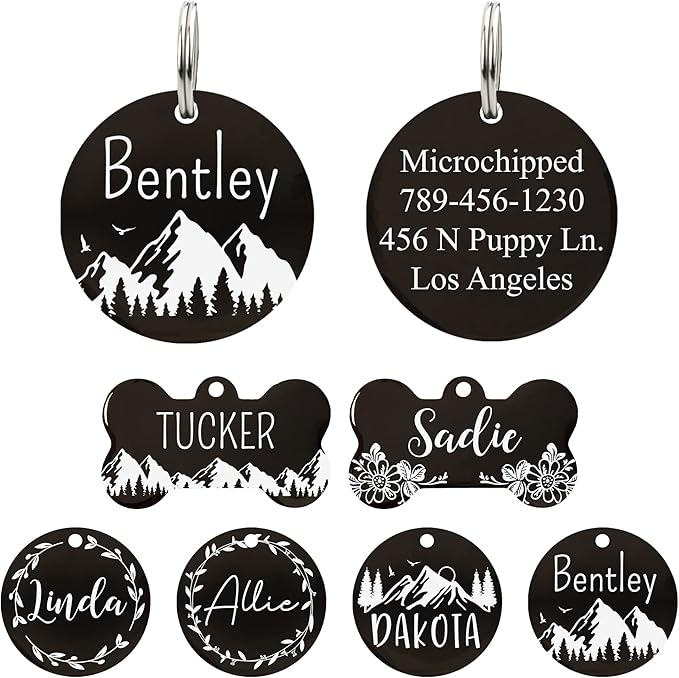 Ultra Joys Stainless Steel Pet ID Tag Dog Name Tags Personalized Front & Back Engraving, Customized Dog Tags and Cat Tags, Optional Engraved on Both Sides, Round Tag Mountain on Bottom Design, Large