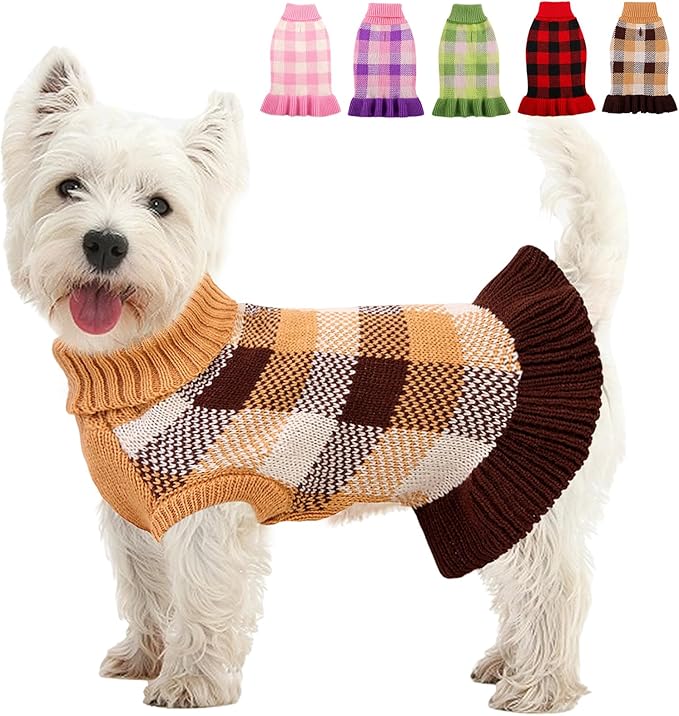Dog Sweater Dress Plaid Knitwear for Small Medium Dogs Warm Puppy Pet Turtleneck Stretch Pullover Cute Fall Winter Vest Clothes with Leash Hole for Christmas (Coffee, 2XS)