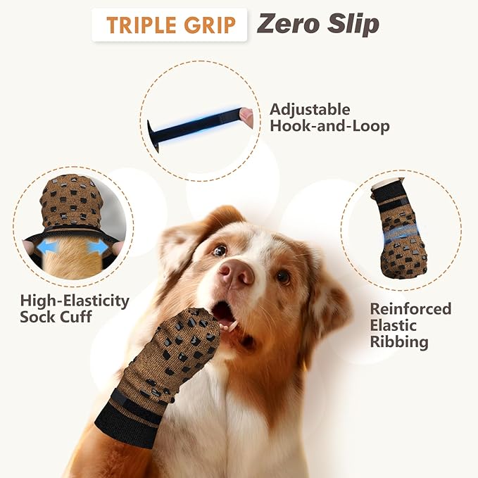 Non Slip Dog Socks to Prevent Licking Paws Grippy Socks for Senior Dog on Hardwood Floors Anti Slip Dog Socks for Hot Pavement Double Side Paw Protector Prevent Scratching Brown L