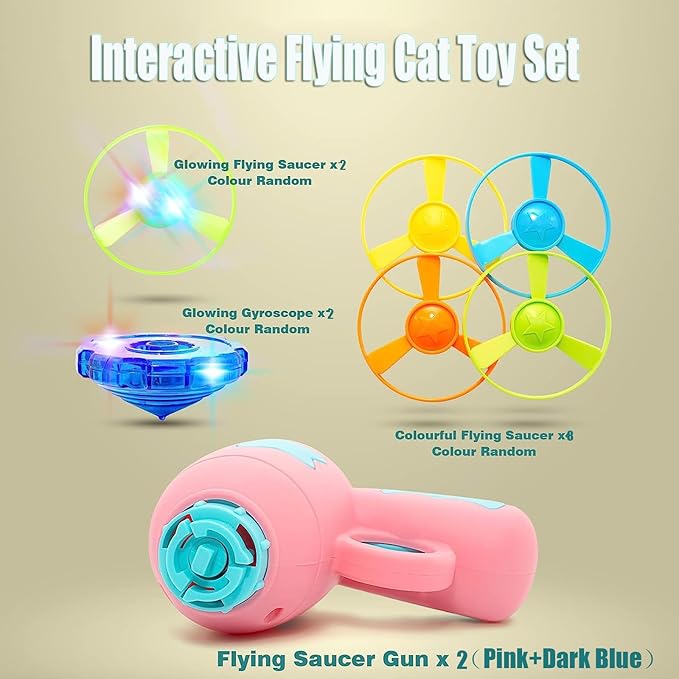 14 Pieces Cat Fetch Toys, Interactive Flying Cat Toy with 2 Light Up Spinning Tops, 10 Flying Propellers, Cat Kitten Tracks Interactive Toy for Training Hunting Chasing