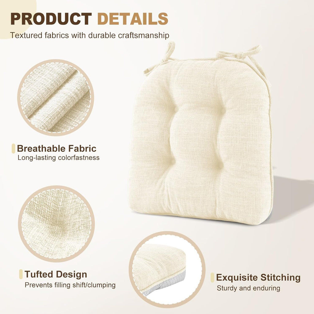 downluxe Indoor Chair Cushions for Dining Chairs, Tufted Overstuffed Textured Foam Kitchen Chair Pads with Ties and Non-Slip Backing, 15.5" x 15.5" x 4", Beige, 4 Pack
