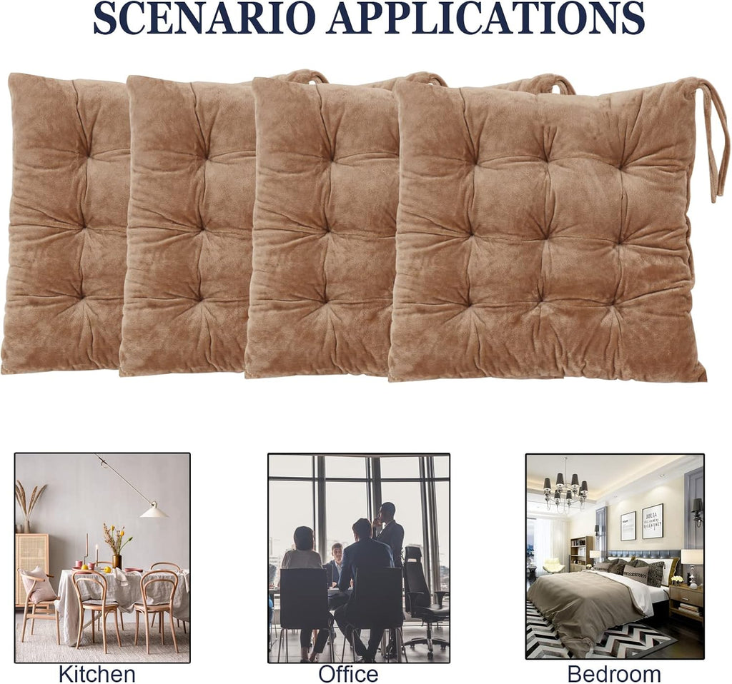 Set of 4 Square Chair Pads Indoor Seat Cushions Pillows with Ties Soft Comfortable Non Slip Chair Mat for Kitchen Dining Office Desk Living Room Outdoor Tatami 15.5" - Khaki