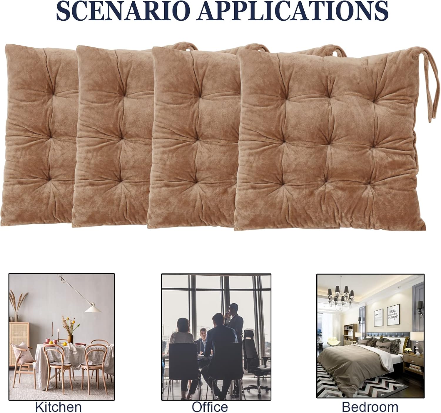 Set of 4 Square Chair Pads Indoor Seat Cushions Pillows with Ties Soft Comfortable Non Slip Chair Mat for Kitchen Dining Office Desk Living Room Outdoor Tatami 15.5" - Khaki