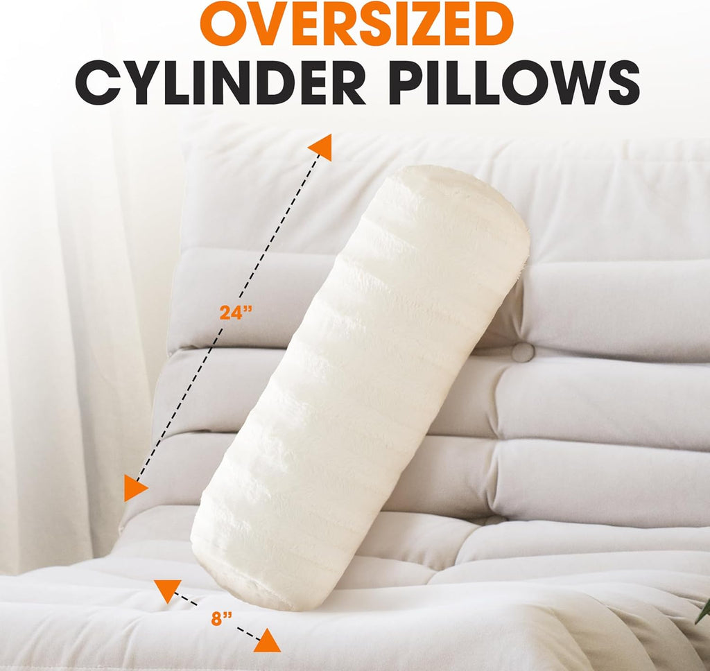 Cheer Collection Faux Fur Bolster Pillows – Soft Decorative Cylinder Pillows for Bed or Couch, Machine Washable – 8” x 24”, Set of 2, White