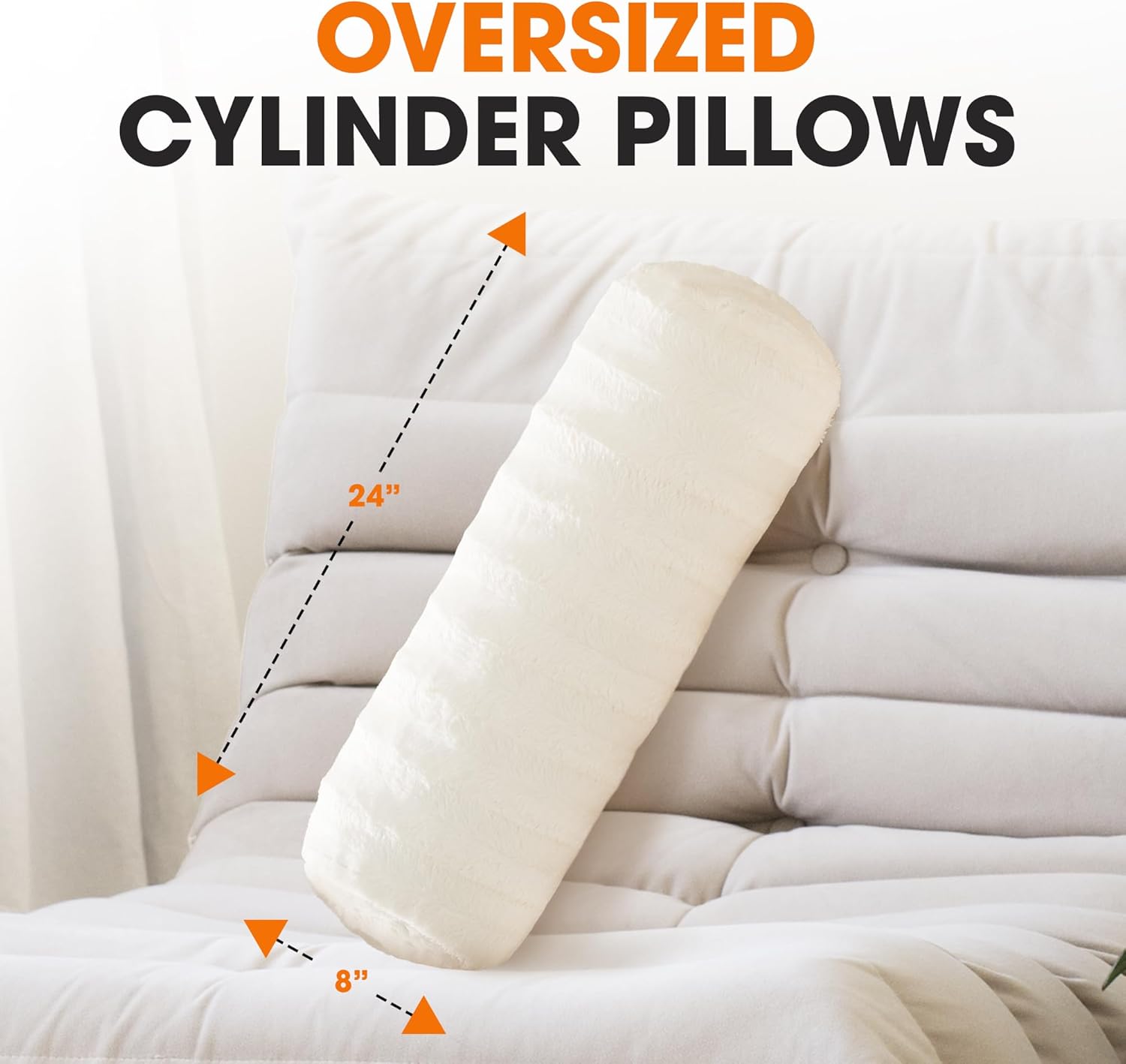 Cheer Collection Faux Fur Bolster Pillows – Soft Decorative Cylinder Pillows for Bed or Couch, Machine Washable – 8” x 24”, Set of 2, White