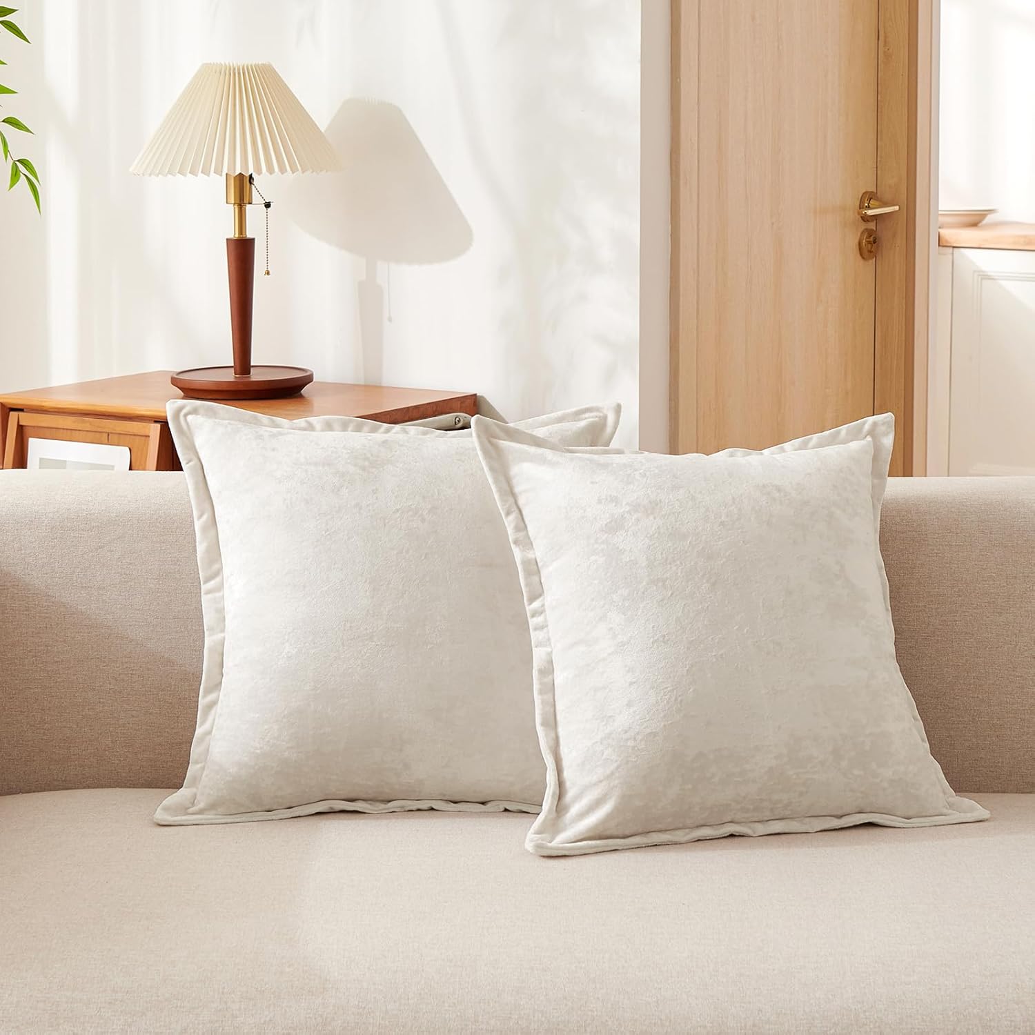 Luxurious Velvet Throw Pillow Covers 20x20 Set of 2 Decorative Pillow Covers Solid Square Cushion Case for Sofa Couch Bedroom Farmhouse, Off White
