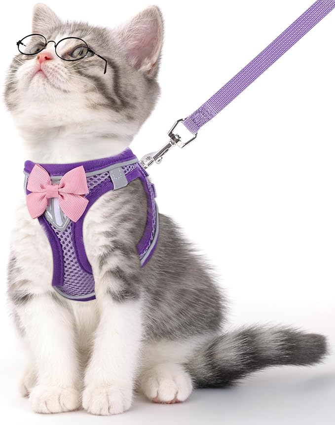 Cat Vest Harness and Leash Set for Walking Escape Proof, Adjustable Kitten Harness Breathable Mesh with Reflective Strips Harness for Kitty Puppy Bunny Purple,M