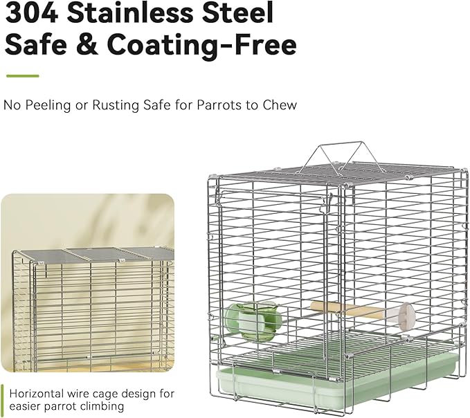 Bird Carrier Travel Cage - 304 Stainless Steel Portable Folding Bird Travel Cage with Parrot Feeder Cups & Standing Perch for Smaller Birds Conures Lovebird Cockatiel Parakeets (Green)