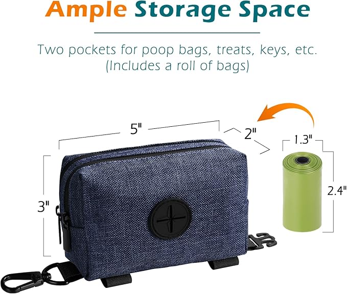 PetBonus Dog Poop Bag Holder, Portable Pet Waste Bag Dispenser, 2 Pouches for Treats and Walking Accessories, Fit All Leashes, Includes 1 Roll of Dog Poop Bags (Navy Blue)