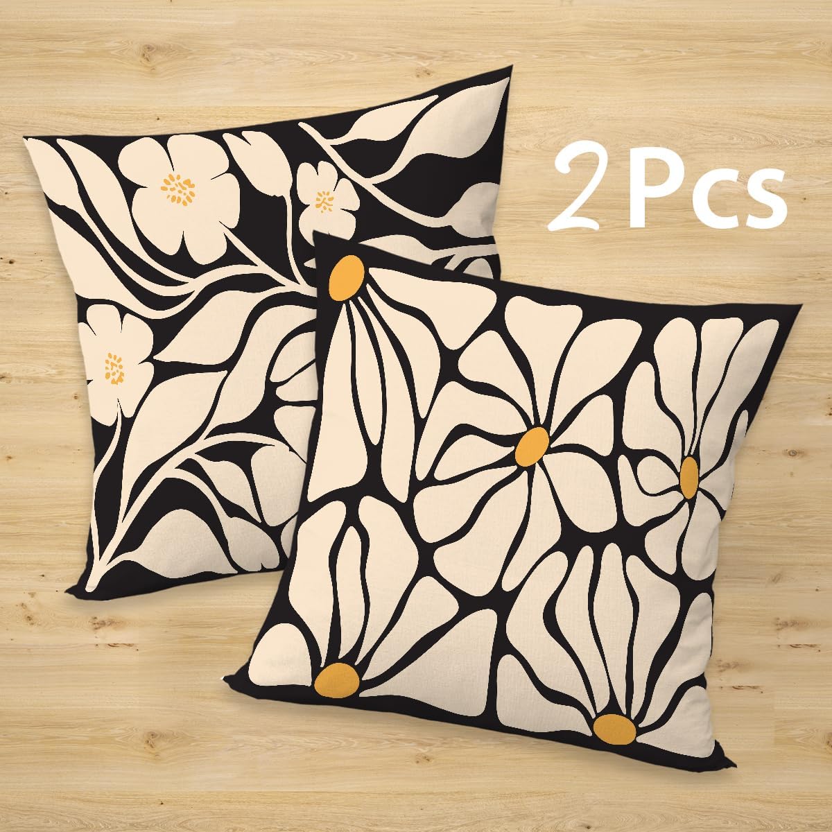 2 Pcs Boho Black And Beige Floral Pillow Covers, Botanical Neutral Plant Decorative Throw Pillow Cover, Abstract Bohemian Flower Plant for Couch Sofa Bed Bedroom Living Room Office Home Decor