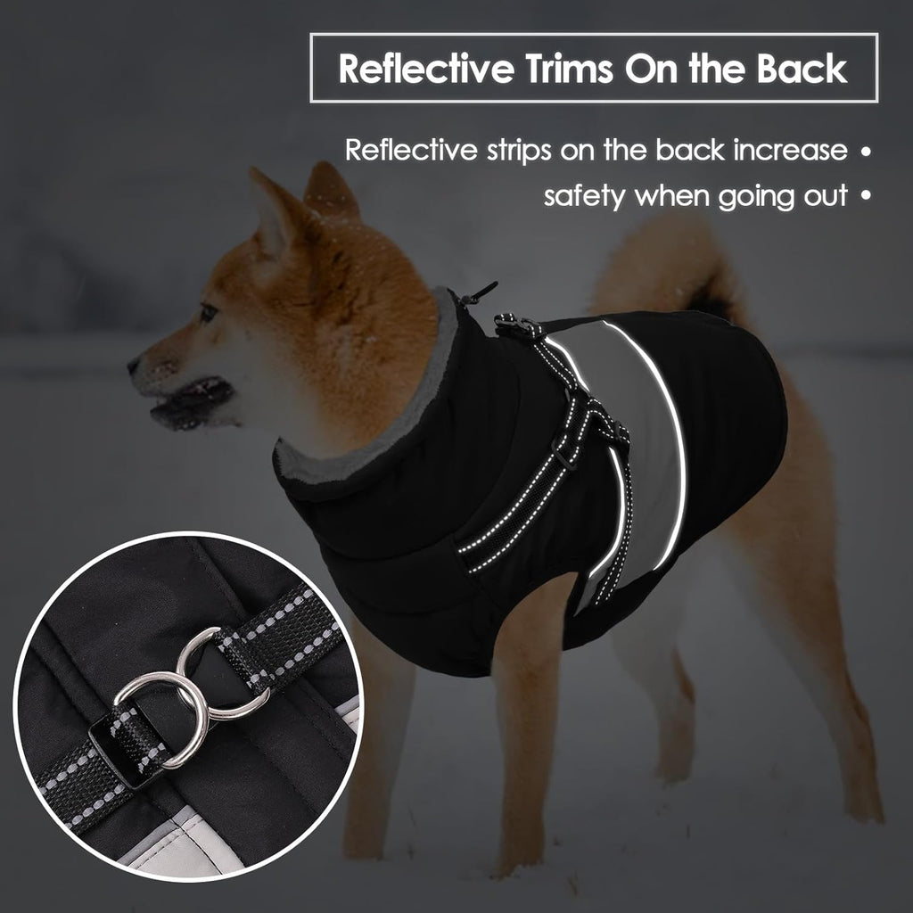 SUNFURA Dog Coat, XXXL Dog Jacket Winter with Harness Built in, Waterproof Pet Snow Jacket with Furry Collar for Chilly Day, Reflective Fleece Snowsuit for Extra Large Dogs, Black 3XL
