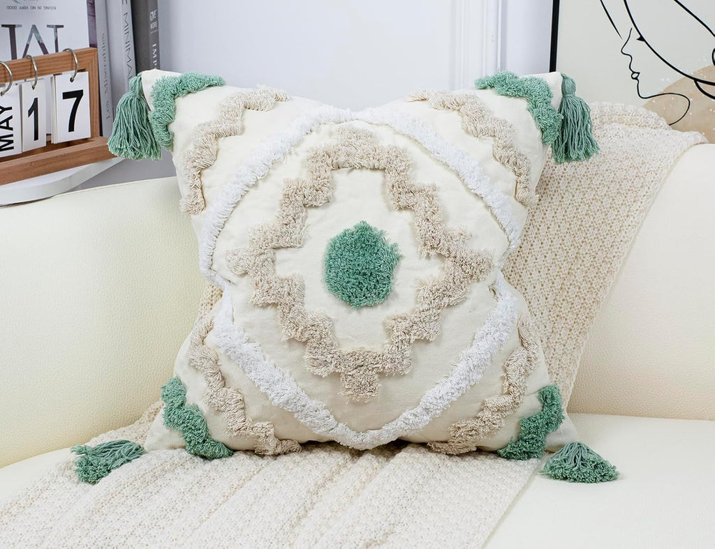 Decorative Farmhouse Throw Pillow Covers 18 x 18,Modern Neutral Couch Pillow Cover,Cotton Checked Pattern Boho Square Pillow Case Cover for Couch Bed Sofa Bedroom,Green&Beige&White