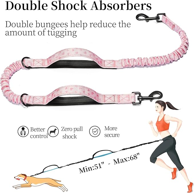 iYoShop Hands Free Dog Leash with Zipper Pouch, Dual Padded Handles and Durable Bungee for Walking, Jogging and Running Your Dog (Pink Heart, Large)