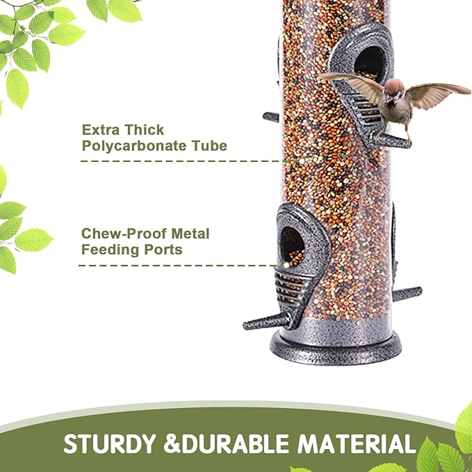 MIXXIDEA Metal Wild Bird Feeder, Squirrel Proof, Hanging 6 Port Tube Transparent Finch Feeder for Attracting Birds in Lawn, Garden, Balcony - Gray