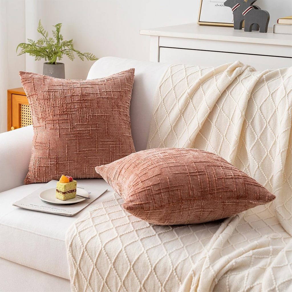 Decorative Throw Pillow Covers 16x16 Inch Set of 2, Soft Solid Farmhouse Chenille Couch Pillows, Spring Pillow Covers for Couch Sofa Bed Living Room Home Decor Pillowcase, Coral