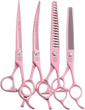 Fenice Peak 7" Professional Dog Grooming Scissors Set, Japanese 440C Stainless Steel Straight Thinning Curved Chunker Shears for Pet Grooming, Trimming Face, Paws, Pink