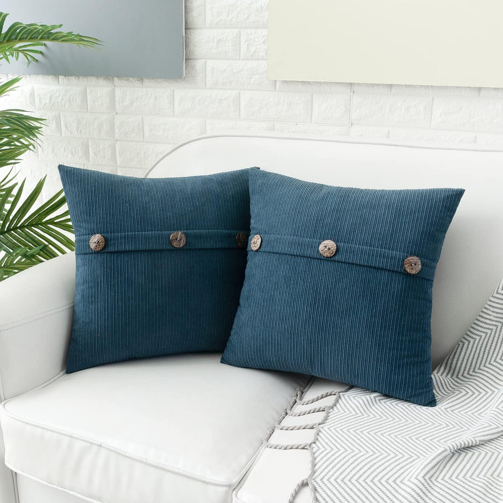HWY 50 Blue Chenille Throw Pillow Covers 20x20 Inch with Triple Buttons, Soft Farmhouse Accent Decorative Cushion Cases for Couch Sofa Bed Living Room Pack of 2