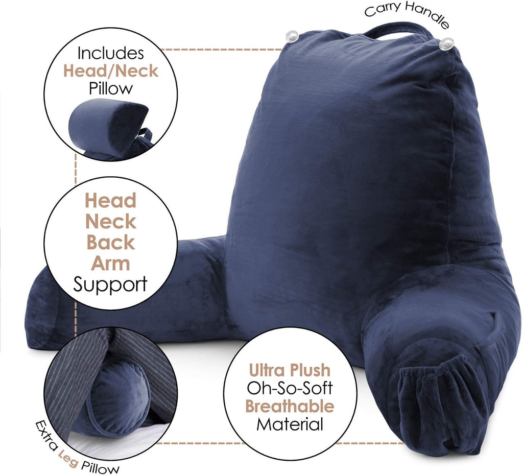 Nestl Reading Pillow with Shredded Memory Foam Includes 2 Neck and Lumber Support Pillows, Designed for Sitting Up in Bed and Couch, Back and Arms Adjustable Support for Adult & Teens, Navy Blue