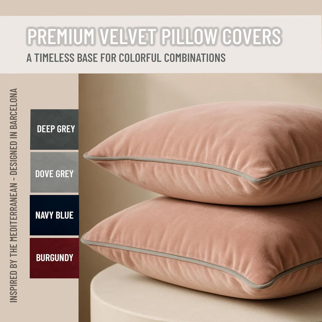 2 Pack Velvet Decorative Throw Pillow Covers, 18"x18", Pink and Grey, Solid, Modern, Contrast Piping, Indoor Use, Bedroom & Living Room