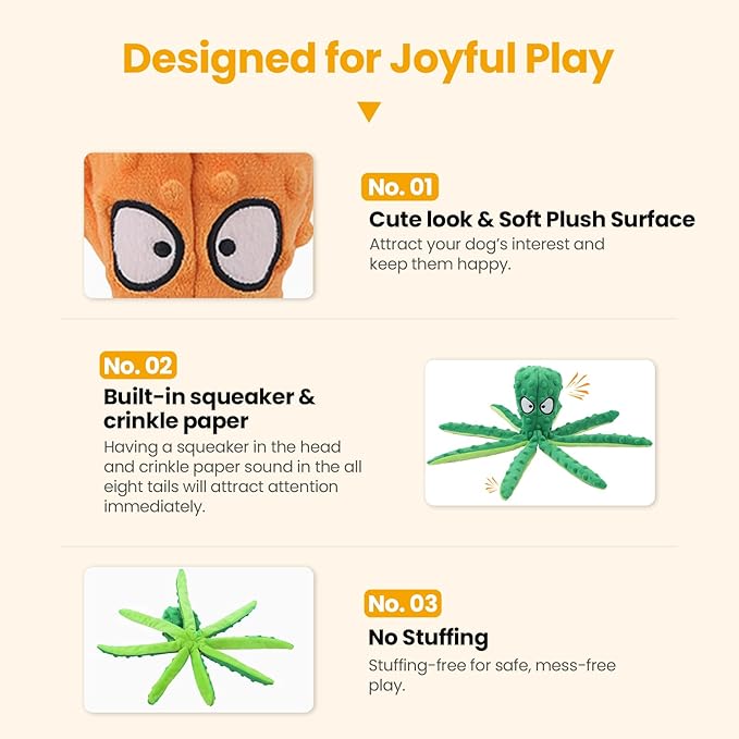 HGB Squeaky Dog Toys - Octopus No Stuffing Crinkle Plush Large Dog Toys to Keep Them Busy for Puppy Teething Chewing, Pet Supplies for Small, Medium, and Large Breeds, 2 Pack
