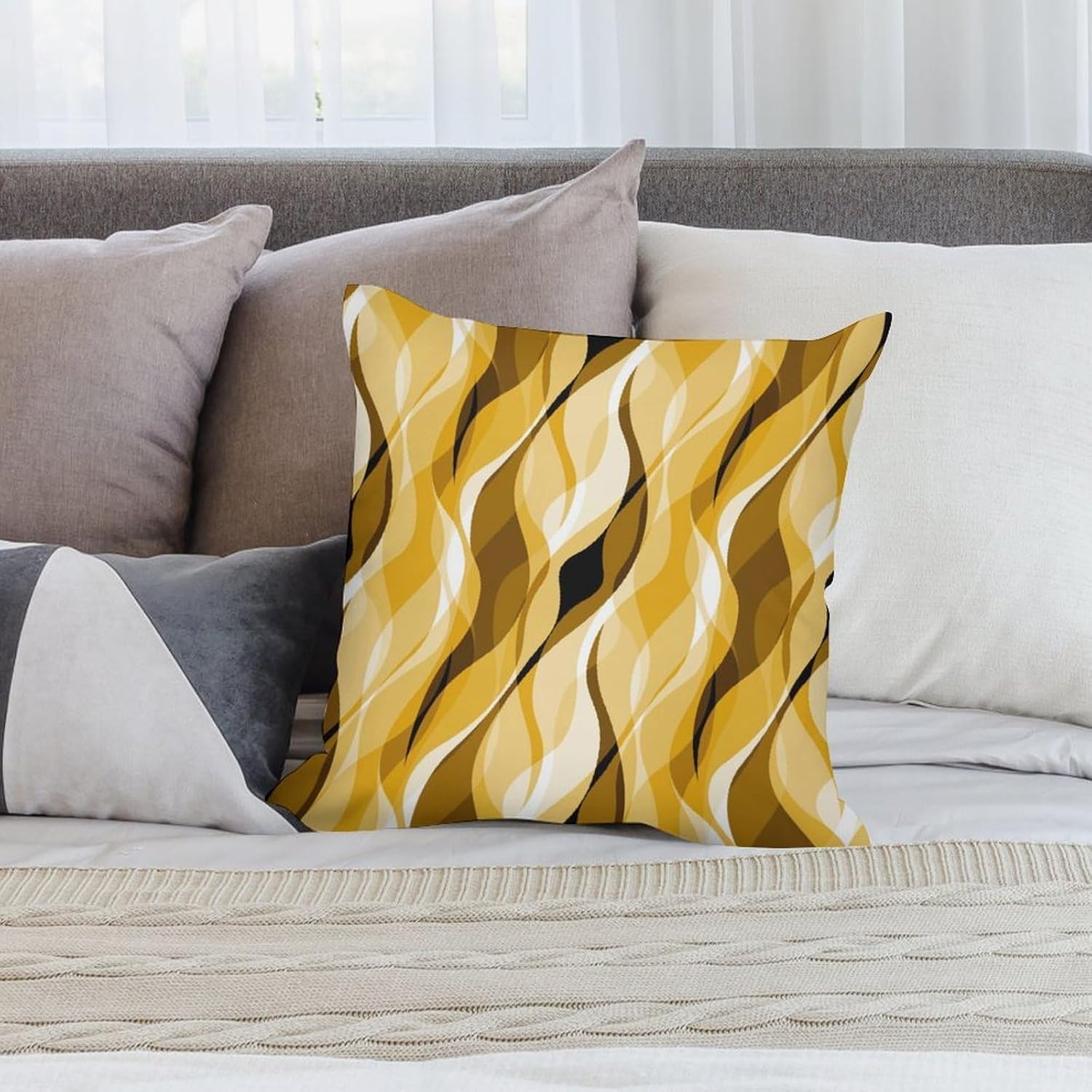 Yellow Throw Pillow Covers Abstract Ombre Yellow and Grey Striped Decorations for Bedroom Living Room Farmhouse Sofa Pillows Bed Couch 20x20 Inch