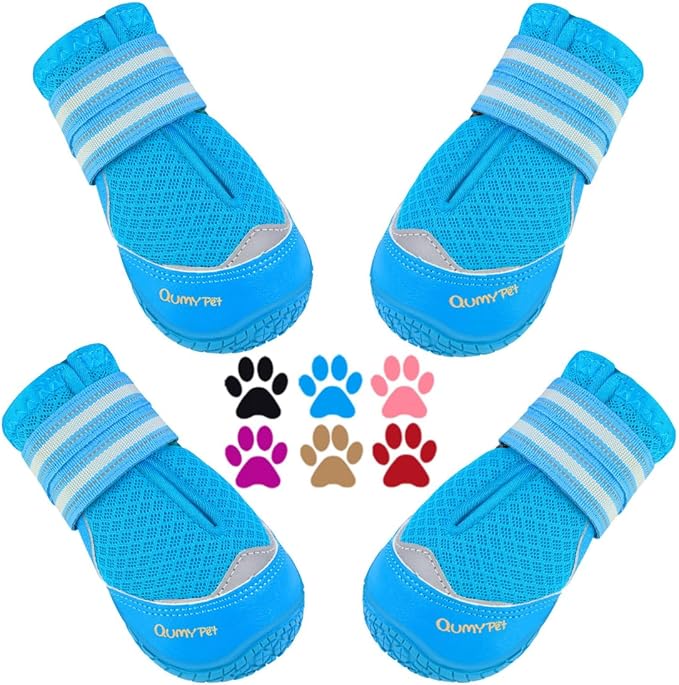 QUMY 4PCS Dog Boots for Large Dogs, Medium Dog Shoes & Paw Protectors for Hot Pavement, Summer Heat Protection, Mesh Breathable Nonslip Dog Booties for Hardfloors, Walking Running Hiking Blue Size 2