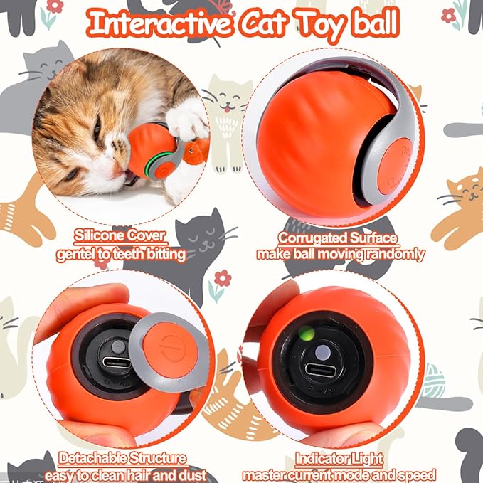 Interactive Cat Ball Toy, Self Rolling Ball with Cover Anti-Scratch for Bored Indoor Cat Chasing, Obstacle Avoidance Smart Cat Toys for Enrichment, Motion Activated Toys to Keep Them Busy （Orange）