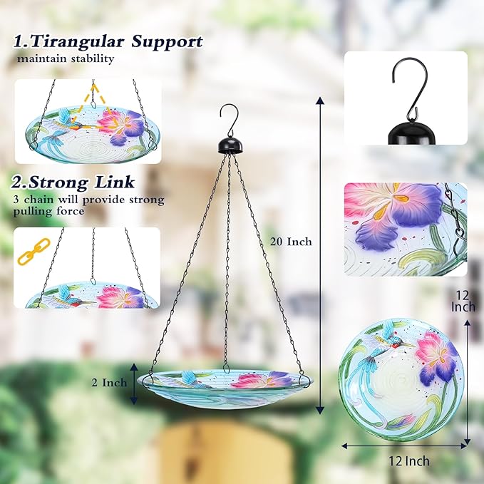 MUMTOP Hanging Bird Baths for Outdoors - Glass Bird Bath, 12 Inch Hanging Bird Bath Bird Feeder Bowl for Outside, Garden, Lawn Yard Decor