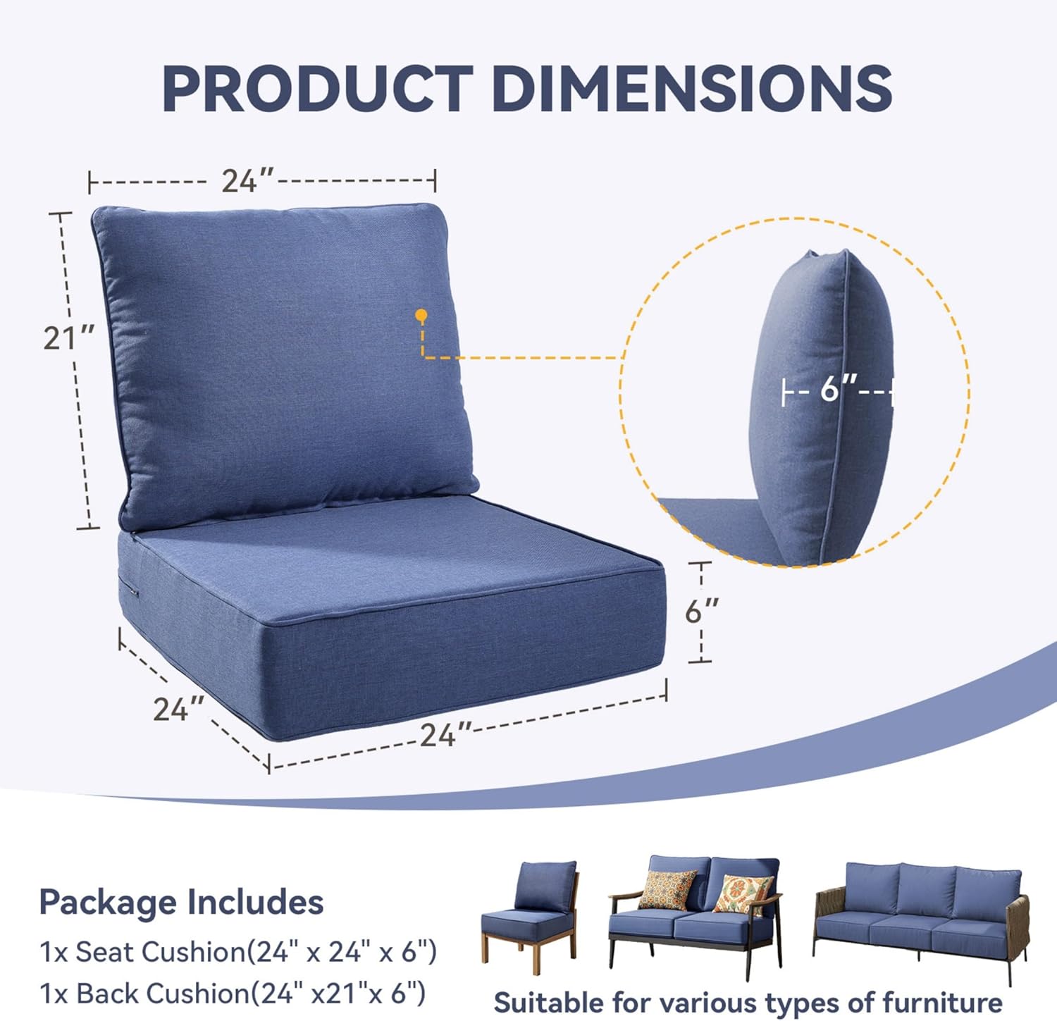 6" Thick Outdoor Chair Cushions - 24"* 24" Patio Furniture Cushions with Water Resistant & Removable Cover, 28D High Density Sponge Patio Cushion for Outdoor Furniture Couch Chair Blue