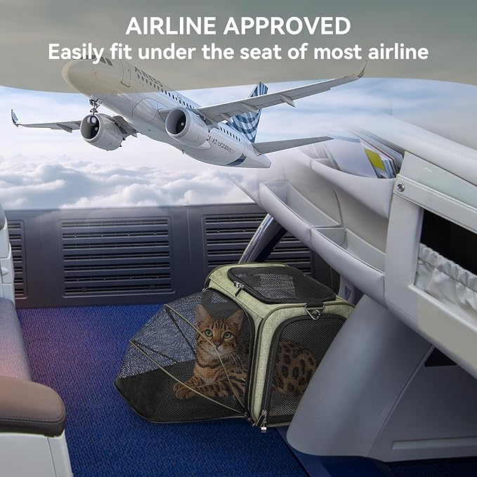 Petsfit Expandable Rabbit Carrier Bunny Carriers, 16 Inch Airline Approved Pet Carrier with 2 Extensions, Soft Washable Cushion, Self-Locking Zipper Head, Built-in Safety Rope, Fit for Travel