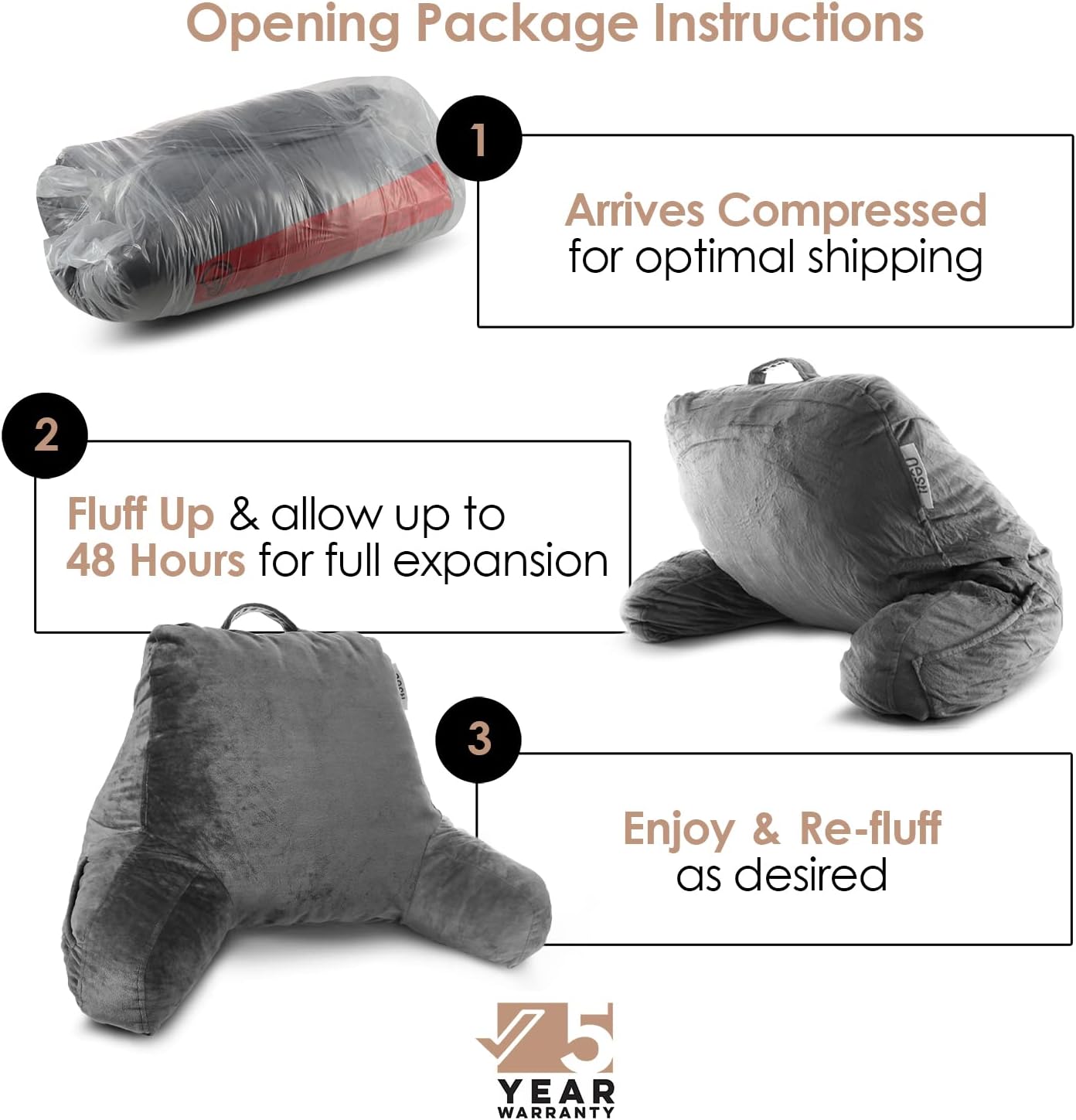 Nestl Reading Pillow with Shredded Memory Foam, Designed for Sitting Up in Bed and Couch, Back and Arms Adjustable Support for Adult & Teens Backrest Pillows for Reading, with Washable Cover Dark Grey