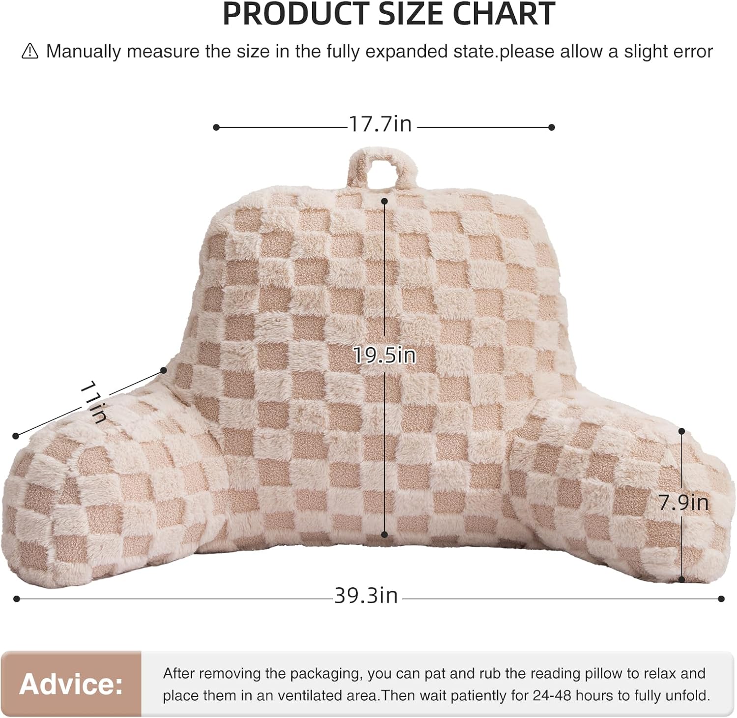 Aimuan Reading Pillow Checkered Bed Rest Wedge Backrest Checkerboard Pillow with Arms Back Support for Sitting Up in Bed Cushion Incline Rest Sleeping Snoring Pillow (Beige,Large)