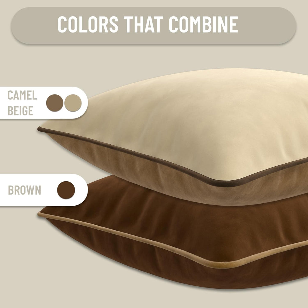Set of 2 Decorative Throw Pillow Covers Cushion Cases. Soft Velvet. Contrast Pipping Edge. Filling Not Included. (20x20in, Camel/Beige)