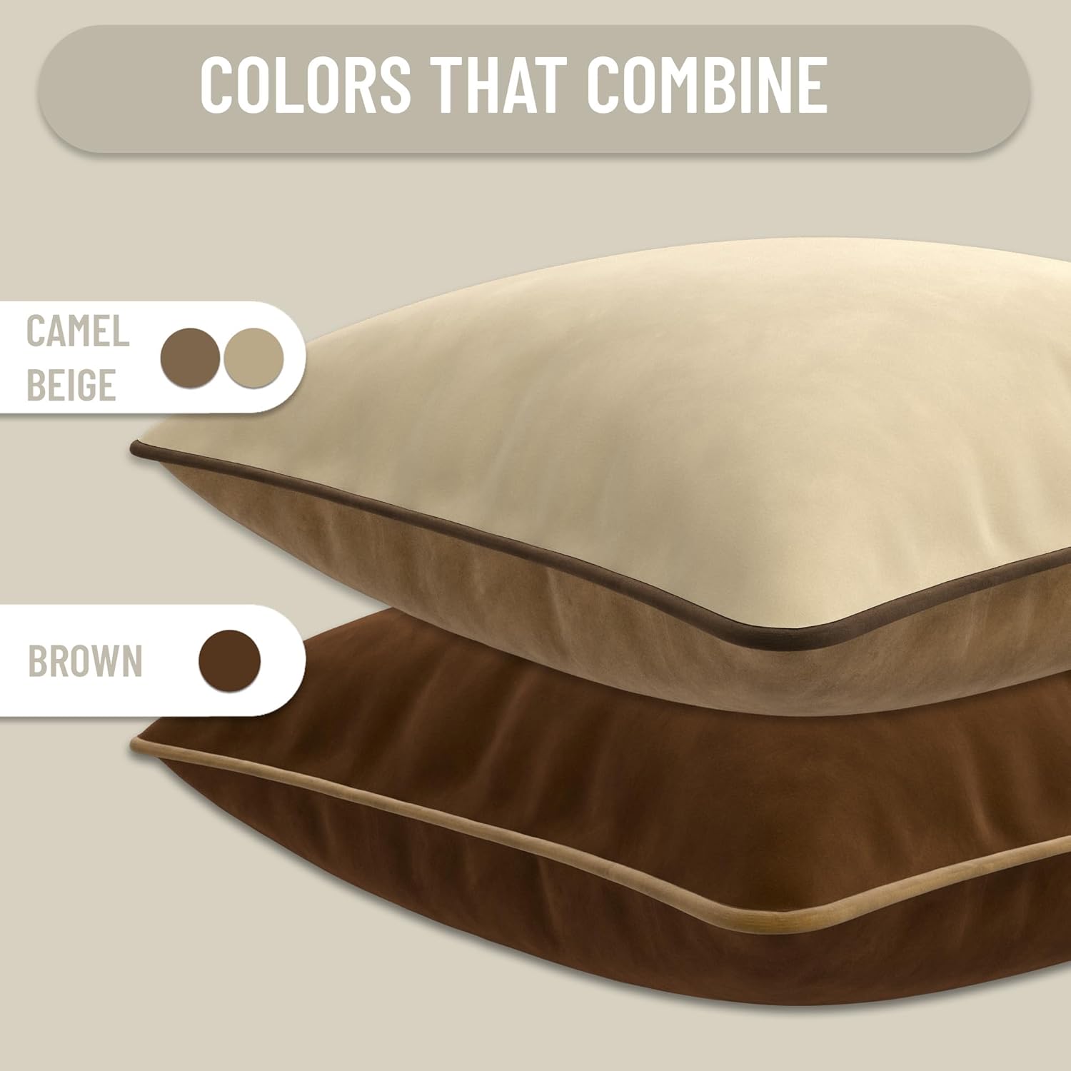 Set of 2 Decorative Throw Pillow Covers Cushion Cases. Soft Velvet. Contrast Pipping Edge. Filling Not Included. (20x20in, Camel/Beige)