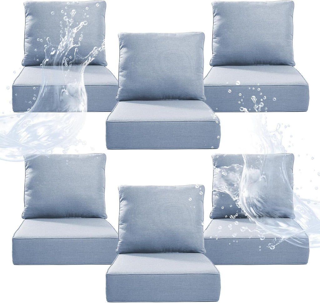 6" Thicker Outdoor Chair Cushion 6 Sets - 24" *24" *6" Waterproof Patio Furniture Cushions with Removable Cover, 28D High Density Sponge Filling Thicken Outdoor Patio Cushions - Baby Blue