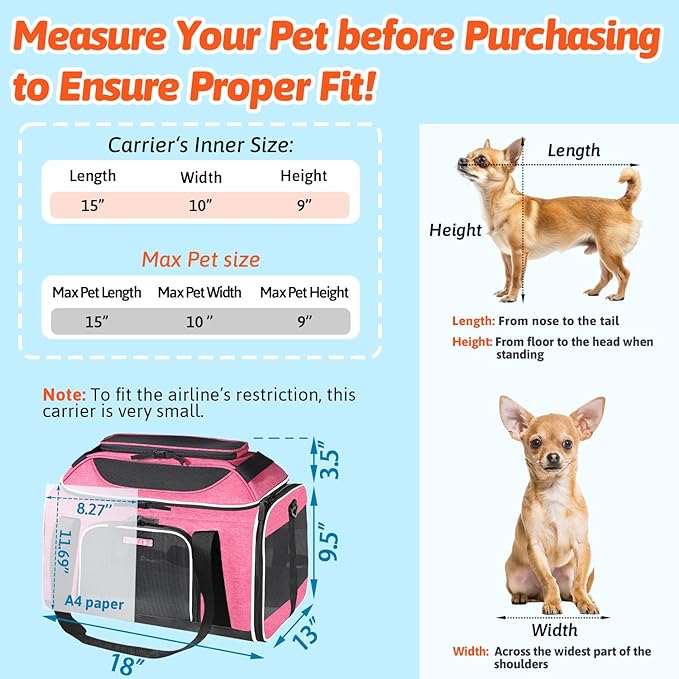 Petskd Top-Expandable Pet Carrier 18x13x9.5 Inches Southwest Airline Approved, Soft-Sided Carrier for Small Cats and Dogs with Locking Safety Zippers and Anti-Scratch Mesh(Pink)