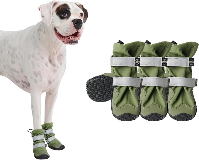 Spark Paws Dog Shoes, Waterproof Dog Boots for Medium to Large Dogs, Non Slip, Breathable Dog Booties and Paw Protectors - 4PCS Doggie Hiking Boots with Reflective Straps - Green, Size 5