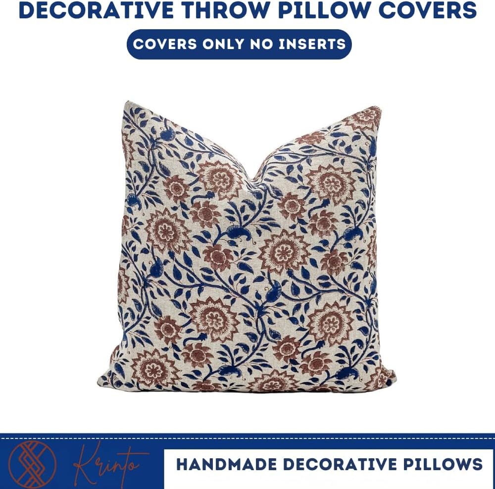 Designer Floral Print on Natural Linen Pillow Cover | Indigo Blue and Rust Brown Pillow | Boho Pillow | Decorative Throw Pillow Covers (Rust/Indigo, 12x18)