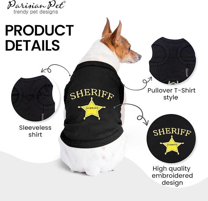 Parisian Pet Dog Tshirt - Embroidered “ Sheriff “ Dogs Apparel - Lightweight and Skin Friendly Dog Clothes - Sleeveless Doggy Tee Shirts - Machine Washable Shirt for Large Dogs - 2XL
