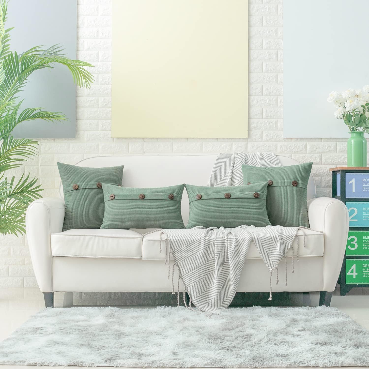 HWY 50 Sage Green Chenille Throw Pillow Covers 20x20 Inch with Triple Buttons, Soft Spring Farmhouse Accent Decorative Cushion Cases for Couch Sofa Bed Living Room Pack of 2