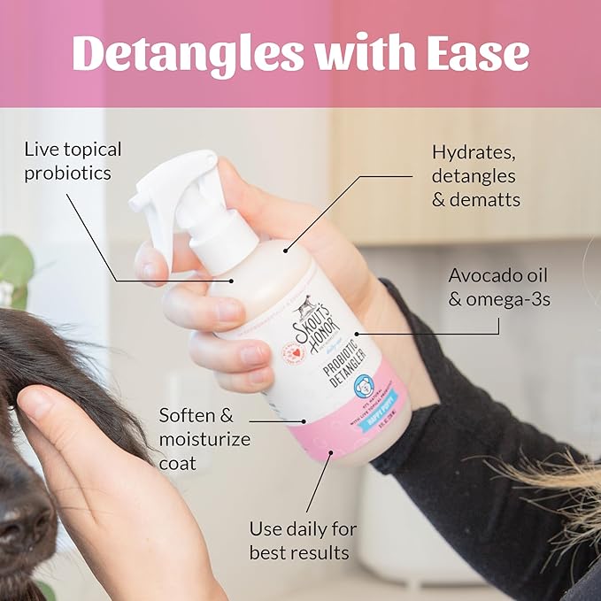 Skout's Honor Probiotic Pet Detangler Spray- Hydrating & Conditioning w/Avocado Oil, 97% Natural, Paraben & Sulfate-Free, softens for a More brushable Coat, Daily Use, 8oz, Happy Puppy, 2-Pack