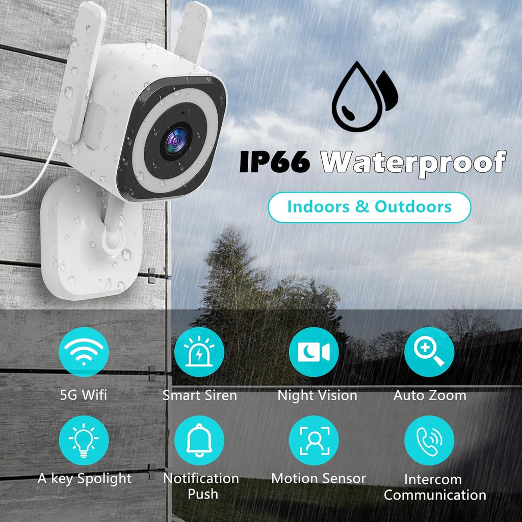 5G Outdoor/Indoor Camera for Home Security,3MP Baby Monitor Cameras for Bedroom/Elder/Dog/Pet Security Camera,IP66 Waterproof,Night Vision, Motion Detection, Alarm Siren, Two-way Talk, SD/Cloud -2Pack