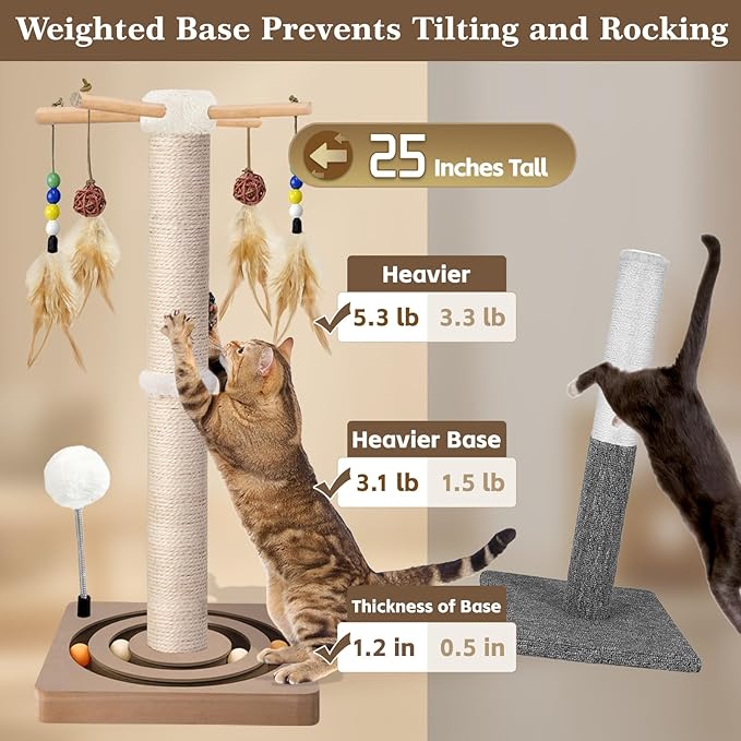 Cat Scratching Post, Sisal, Interactive Furniture Toys for Indoor Cats Adults, 2 Mounting Methods Scratcher Tree Tower with Hanging and Ball Track, Activity Center for Kitten, 25 inches