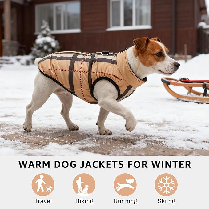 SCENEREAL Winter Dog Vest Coat with Harness Built in, Warm Puppy Jacket for Small Medium Dogs, Cold Weather Coat with Zipper, Fleece Puffer Vest Windproof Snow Clothes, Beige Plaid S