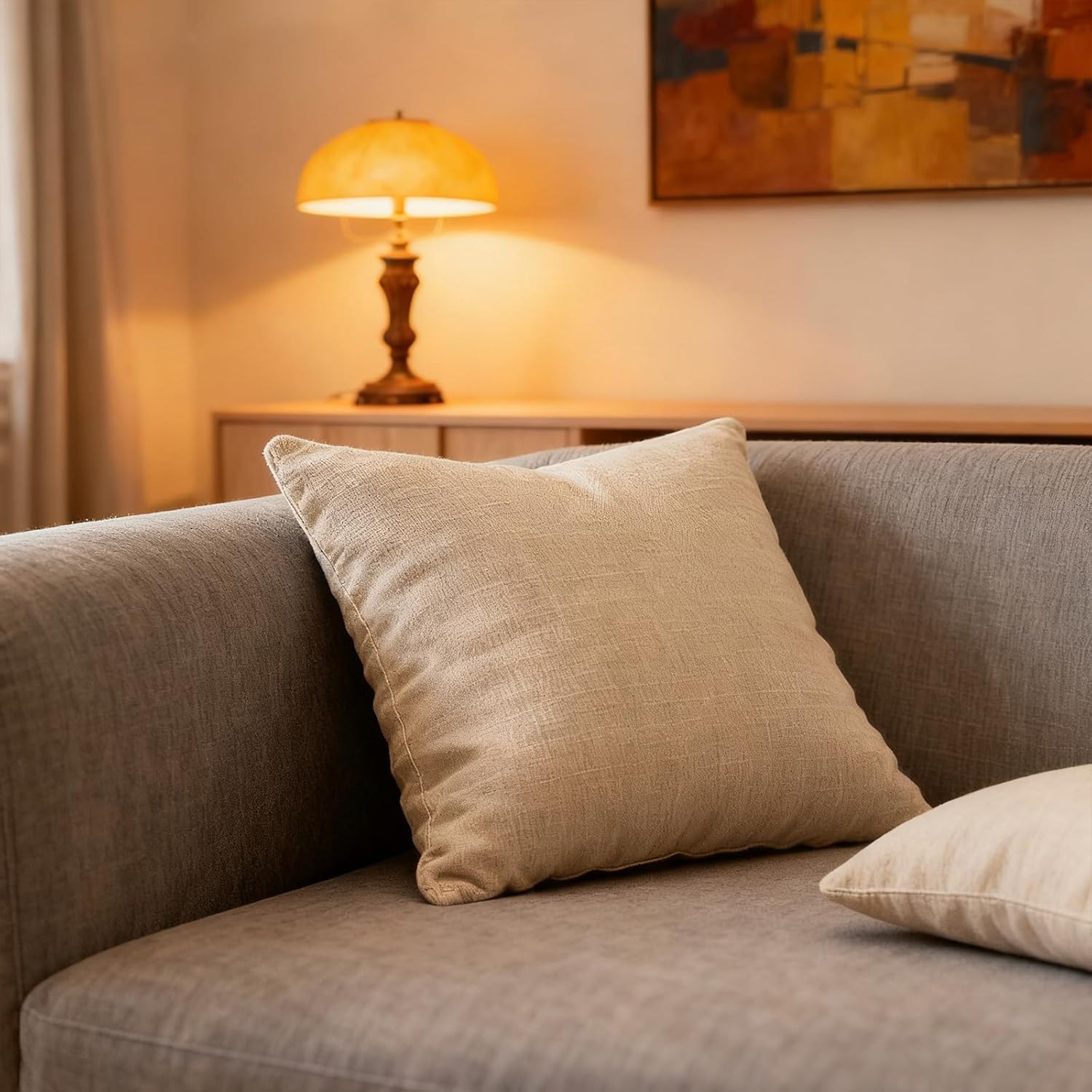 Throw Couch Pillow with Insert 18x18 Inches Set of 2 Square, Cute Modern Home Fall Decor for Living Room Sofa Bed Cushion Accent Case, Anthropologie Style Home Decor (Light Linen #P2-13)